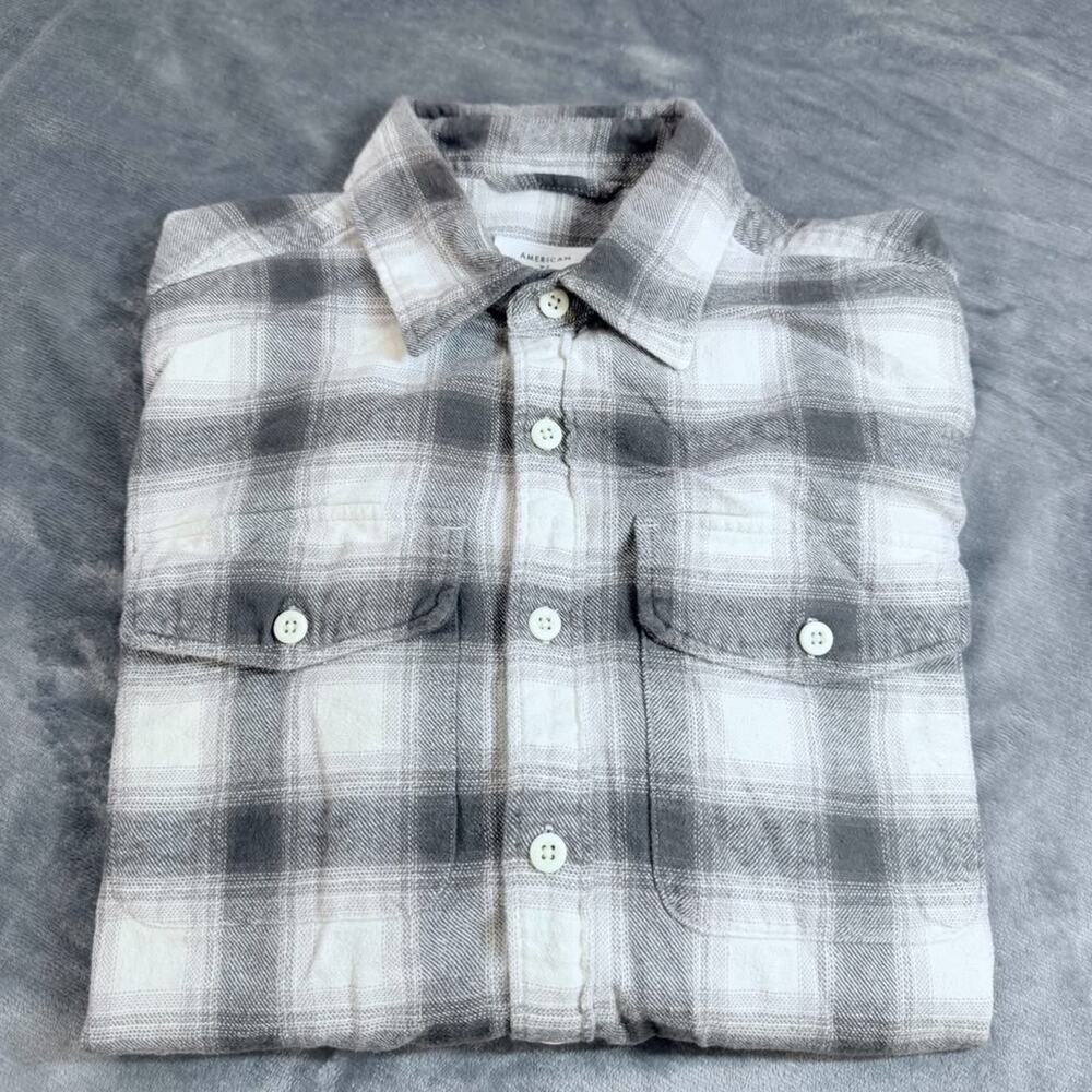 American Eagle Men's Flannel Plaid Button-Up Shirt Pockets Grey Sz M Lumberjack